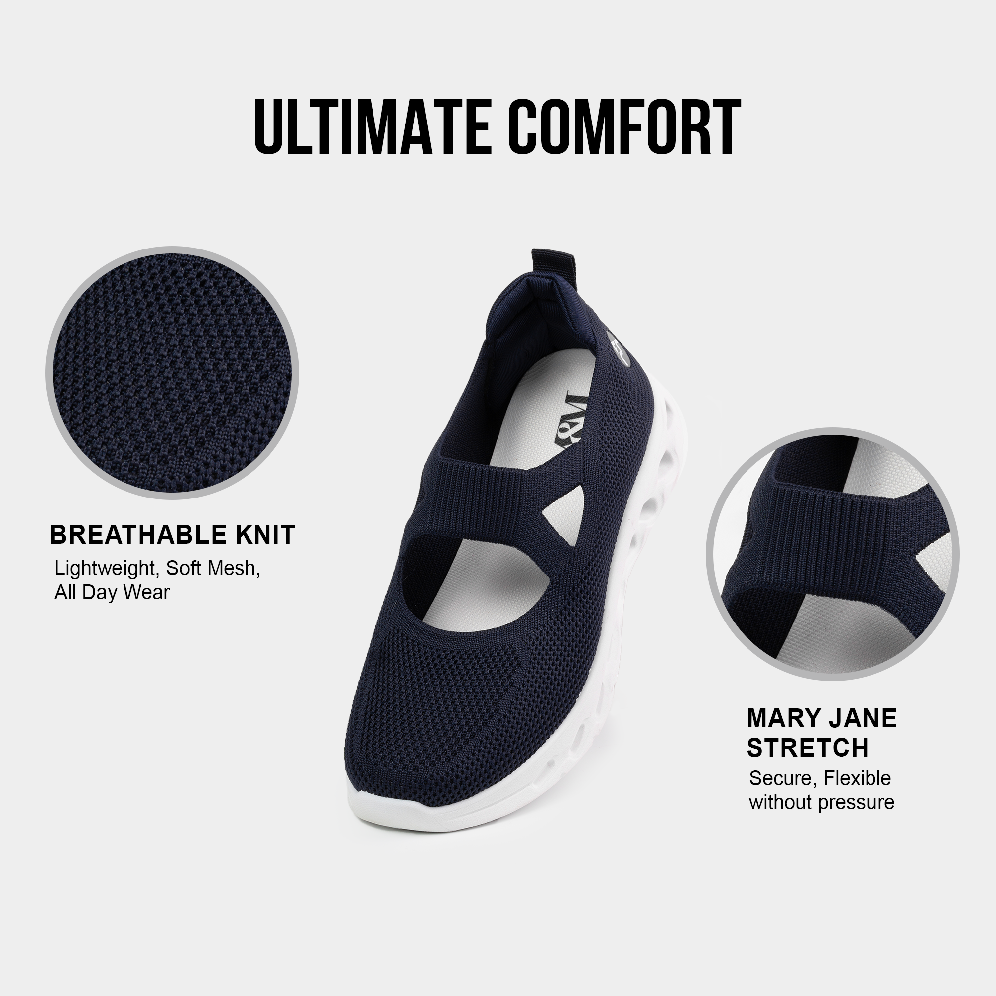 A&M Women's Slip On Comfortable Trainers with Memory Foam Walking Running Shoes in Grey Navy & Black (style 3)