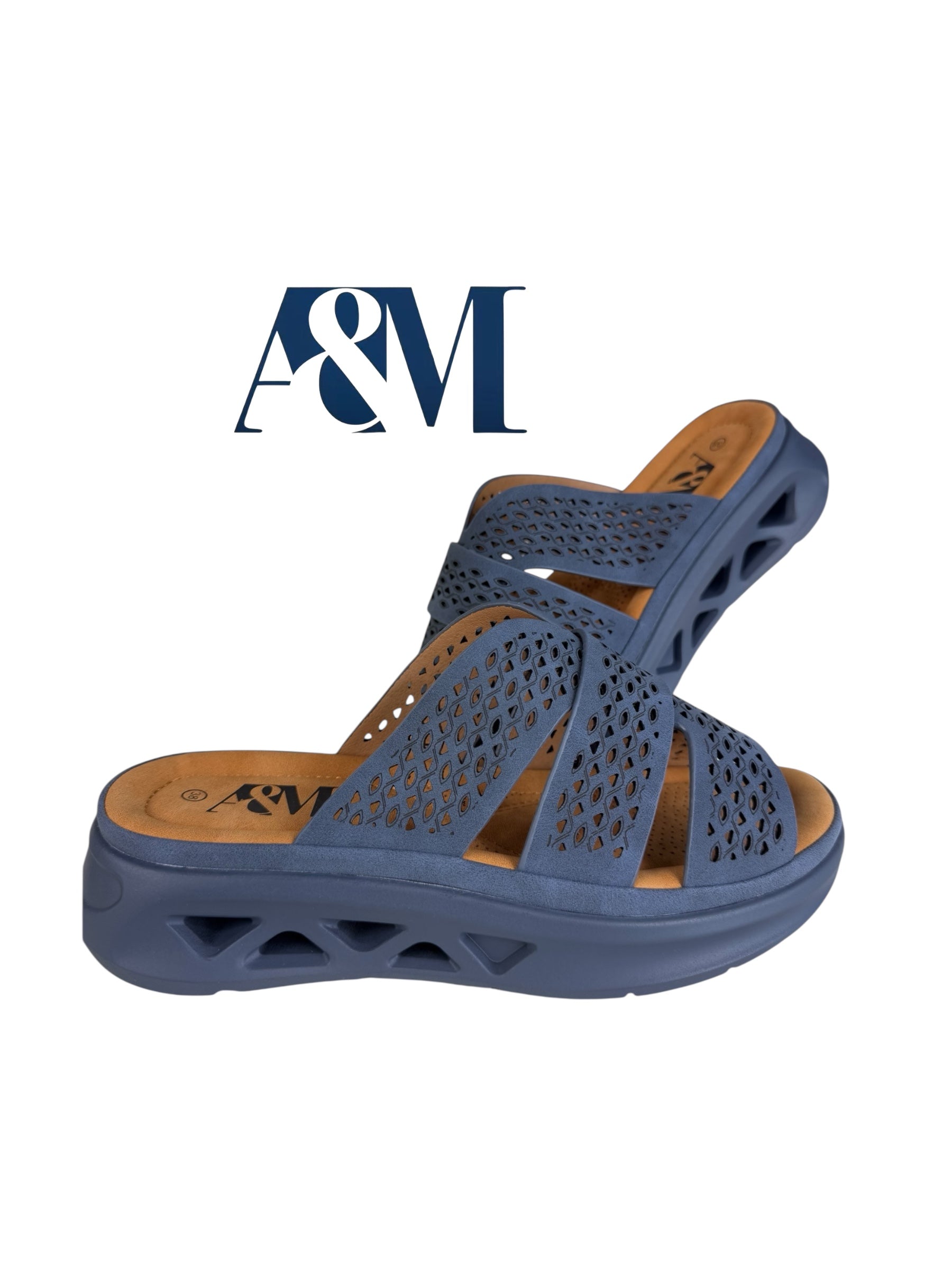 A&M Women's Exclusive Memory Foam Wedge Slip On Sandals - Comfortable & Stylish Navy Blue Shoes