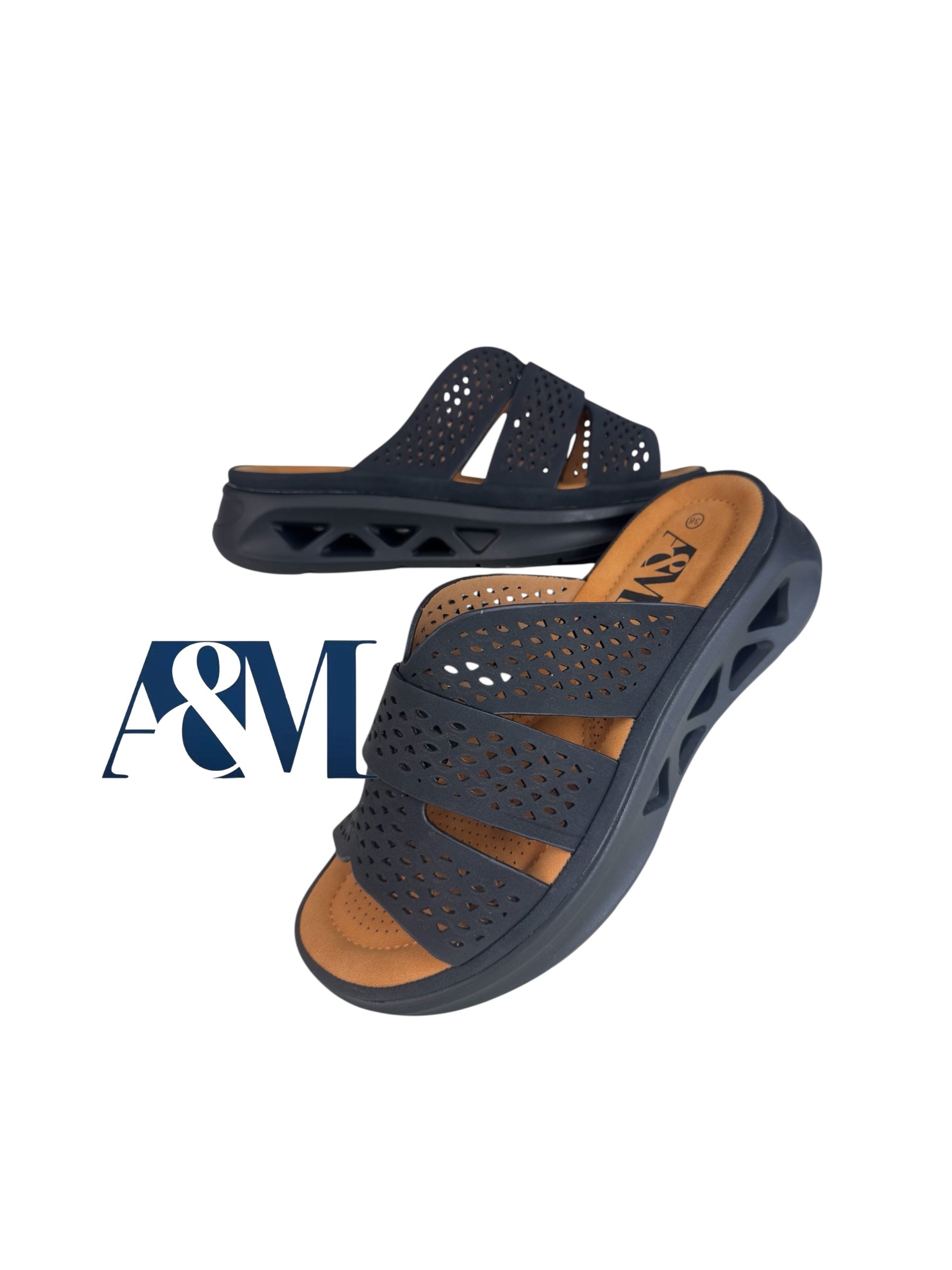 A&M Women's Exclusive Memory Foam Wedge Slip On Sandals - Comfortable & Stylish Navy Blue Shoes
