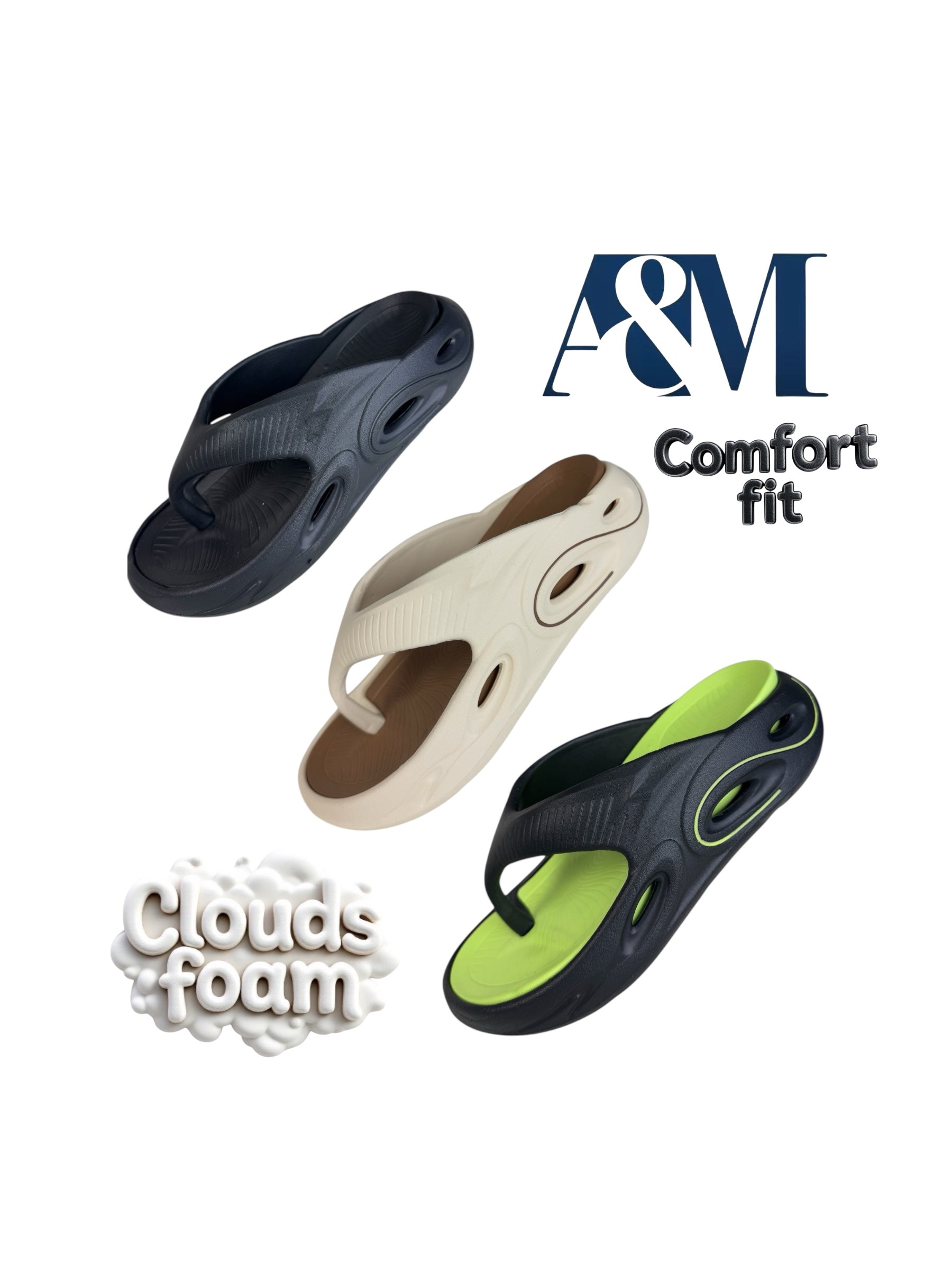 A&M Comfort Fit Unisex Cloud flipflop slippers - Cloud Foam Comfortable Slippers in Black Beige & black/Green Options