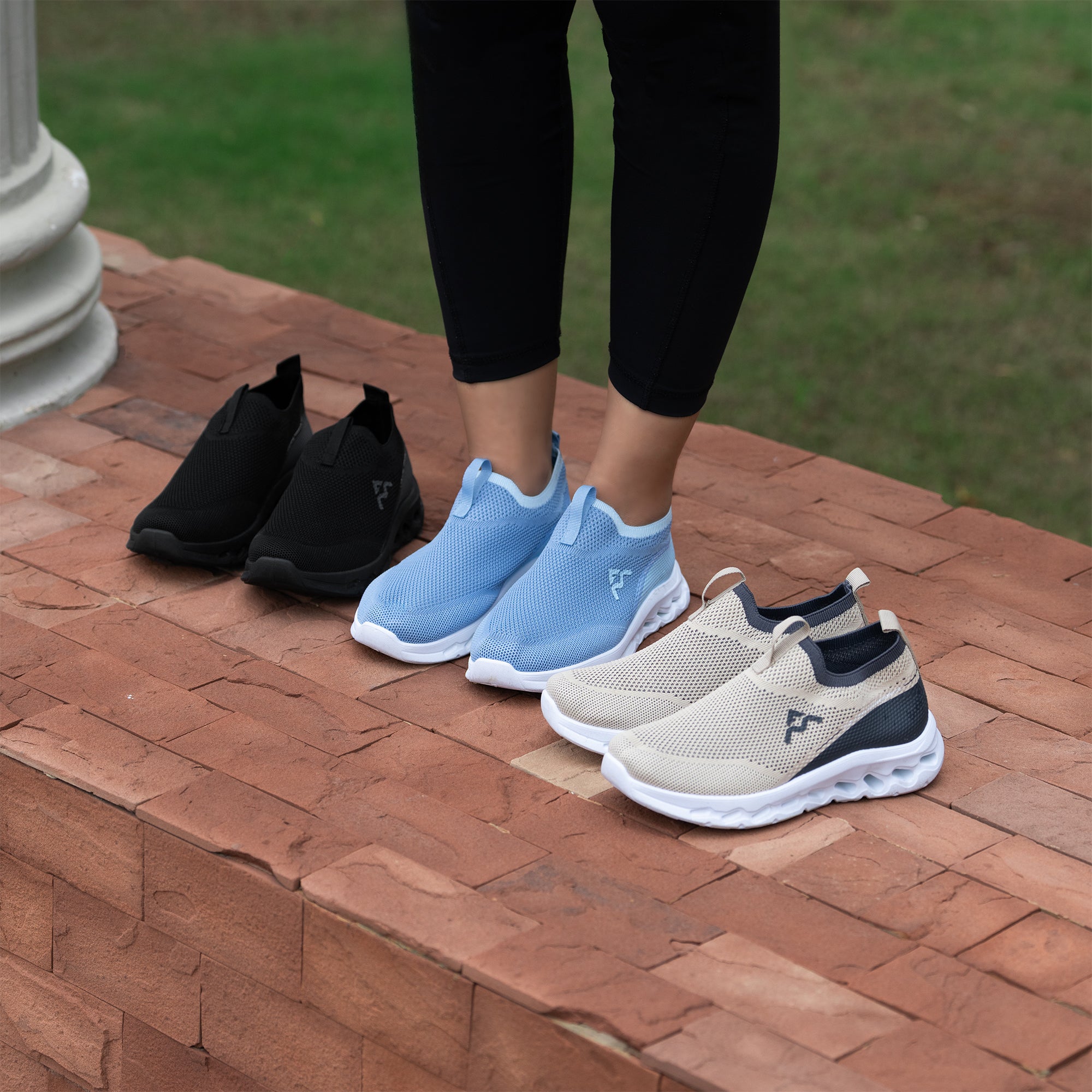 A&M Women's Slip On Walking Running Knitted Trainers - Comfortable & Stylish Sneakers in Blue Black & Beige (style 4)