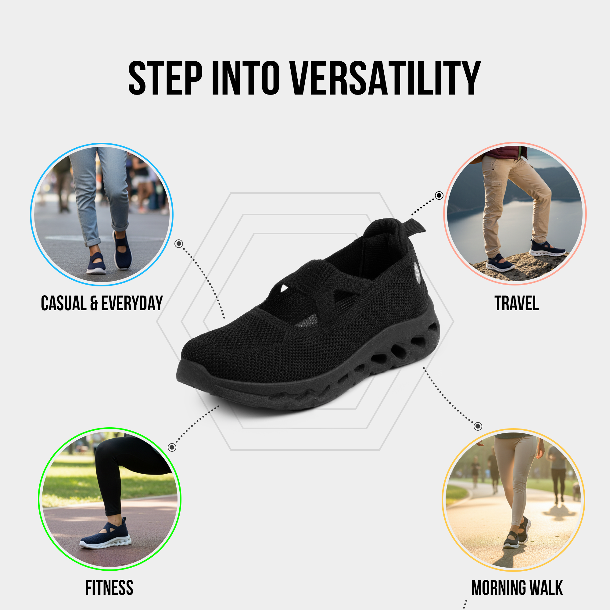 A&M Women's Slip On Comfortable Trainers with Memory Foam Walking Running Shoes in Grey Navy & Black (style 3)