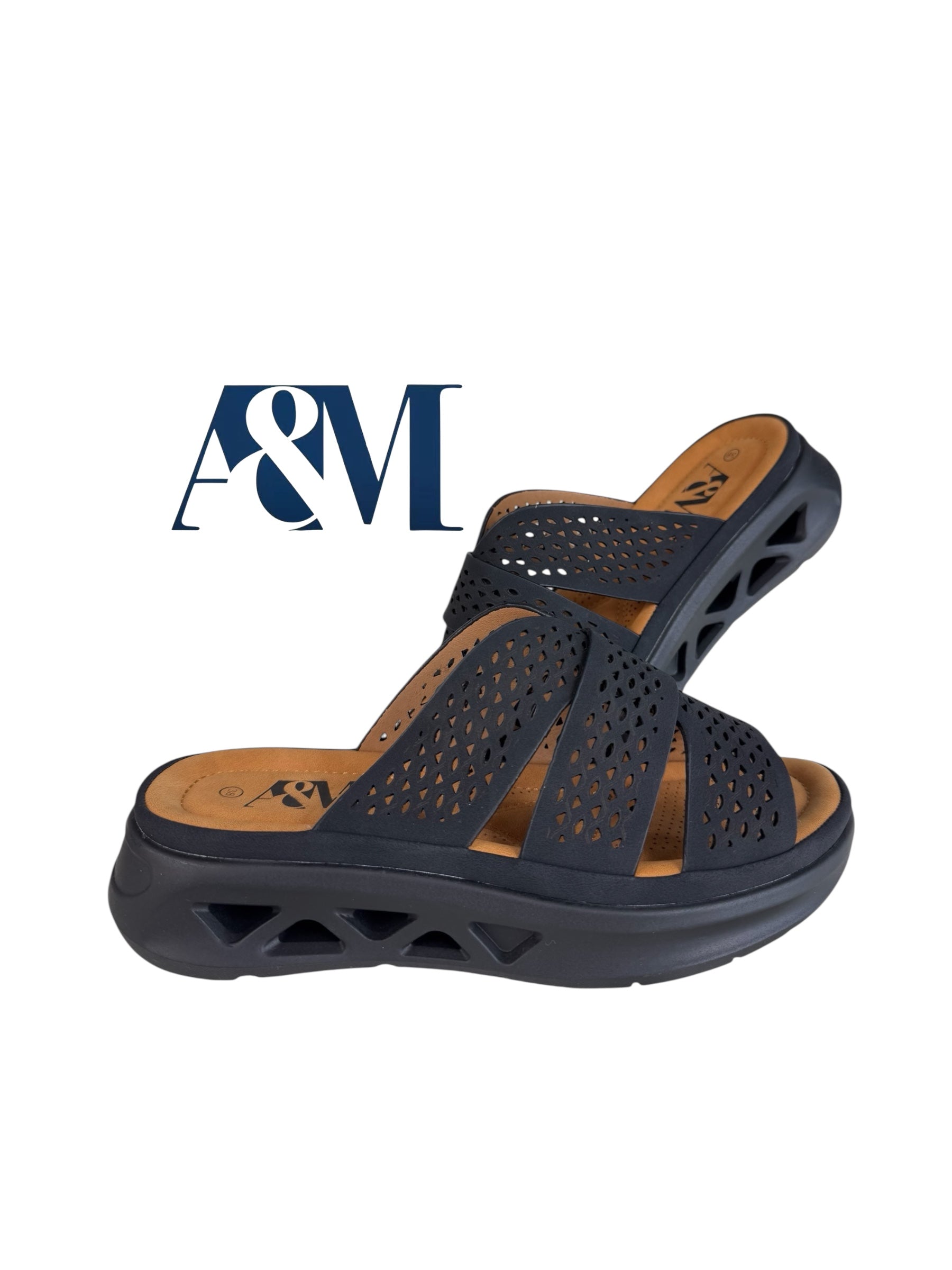A&M Women's Exclusive Memory Foam Wedge Slip On Sandals - Comfortable & Stylish Navy Blue Shoes