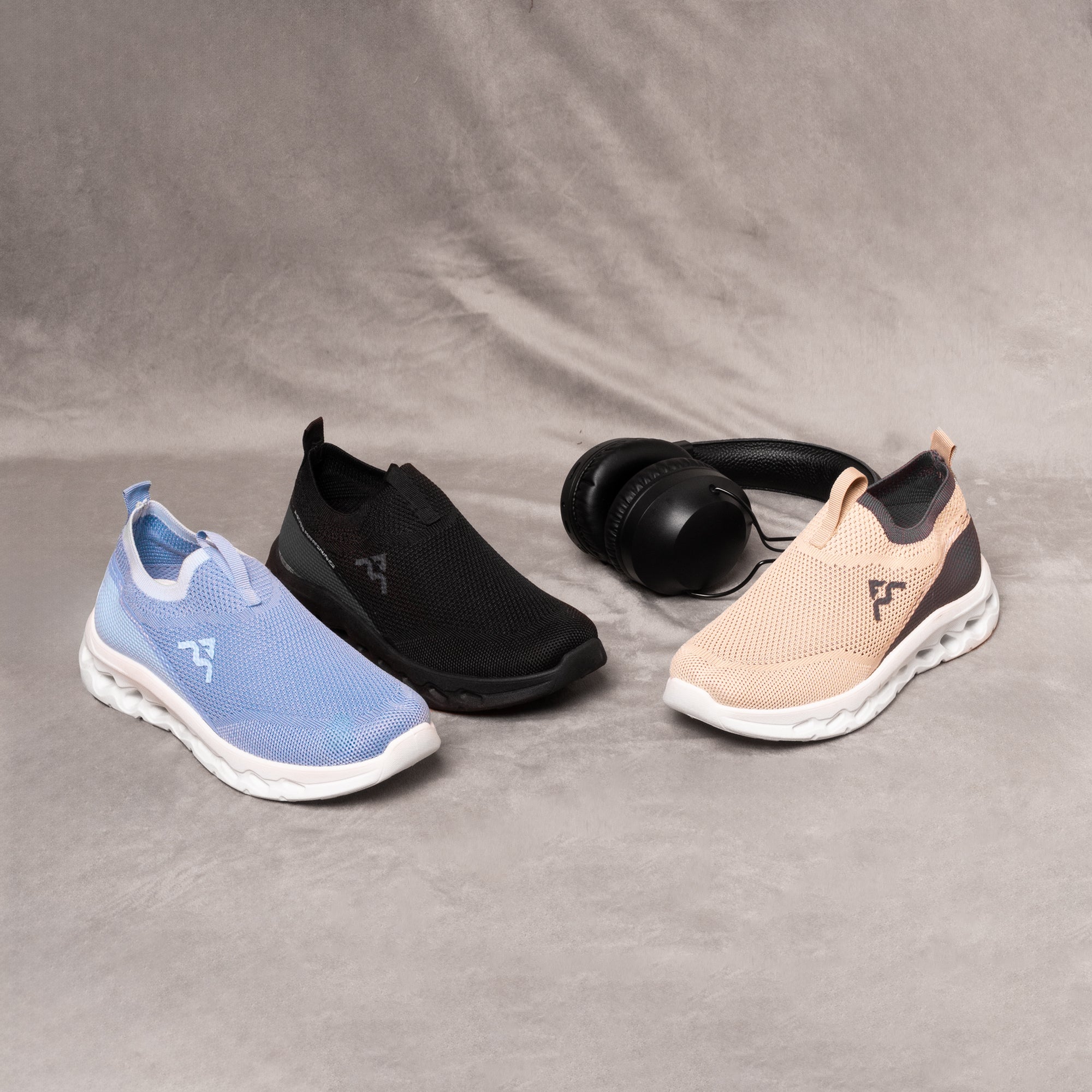 A&M Women's Slip On Walking Running Knitted Trainers - Comfortable & Stylish Sneakers in Blue Black & Beige (style 4)