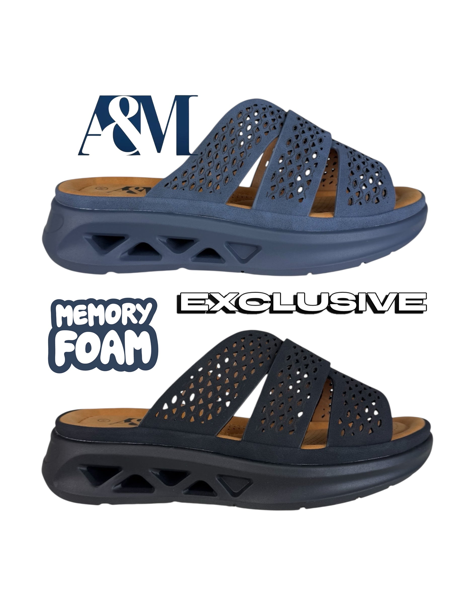 A&M Women's Exclusive Memory Foam Wedge Slip On Sandals - Comfortable & Stylish Navy Blue Shoes
