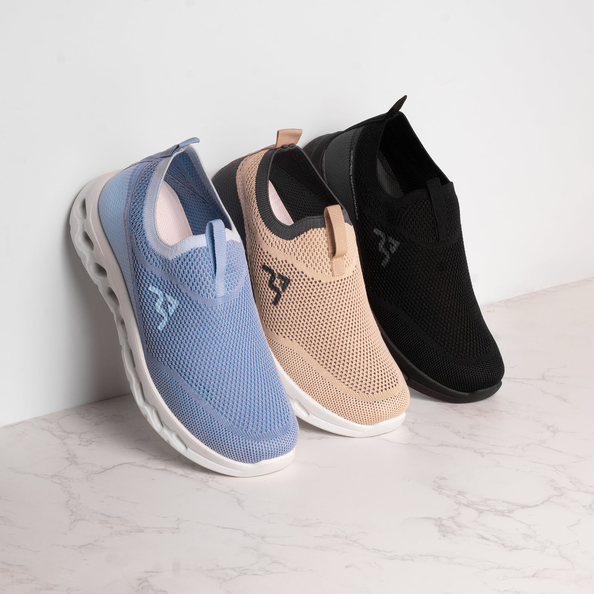 A&M Women's Slip On Walking Running Knitted Trainers - Comfortable & Stylish Sneakers in Blue Black & Beige (style 4)